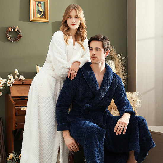 Autumn and winter extended thick couple bathrobe flannel waist cinched nightgown women&