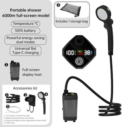 Portable Outdoor Shower Kit, 6000mAh Rechargeable Water Pump with Display for Camping & Pet Bath