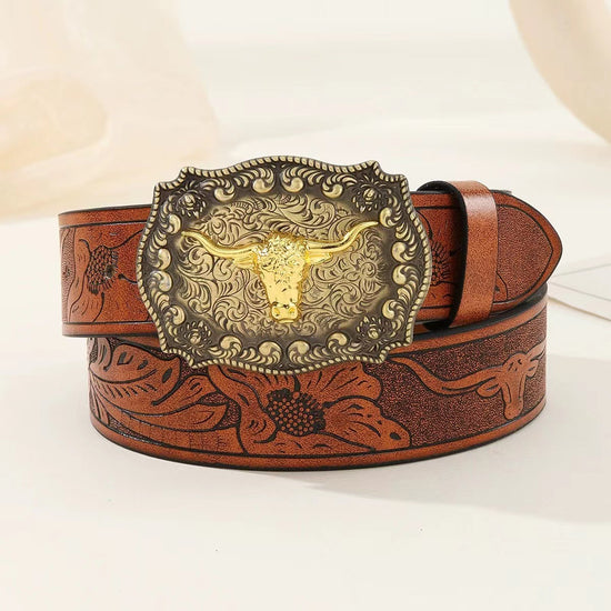 Western Cowboy Belt Versatile Bull Head Big Board Buckle Cowboy Carving Ethnic Style Male Punk PU Leather Belt
