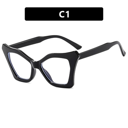 Irregular cat eye color blocked eyeglass frame, new flat lens, plain color, anti blue light glasses