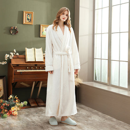 Autumn and winter extended thick couple bathrobe flannel waist cinched nightgown women&