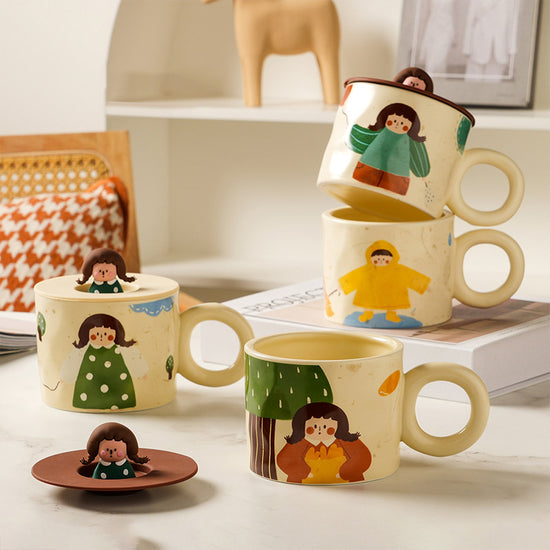 Creative Cute Mug with Lid Ceramic Distinctive Couple Water Mug Vintage Cartoon Girl Printed