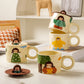 Creative Cute Mug with Lid Ceramic Distinctive Couple Water Mug Vintage Cartoon Girl Printed